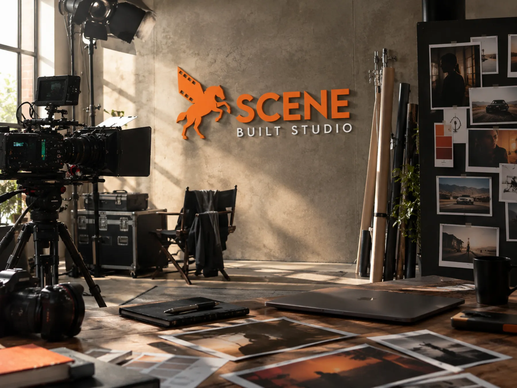 Scene Built Studio logo on a studio wall behind a cinema camera